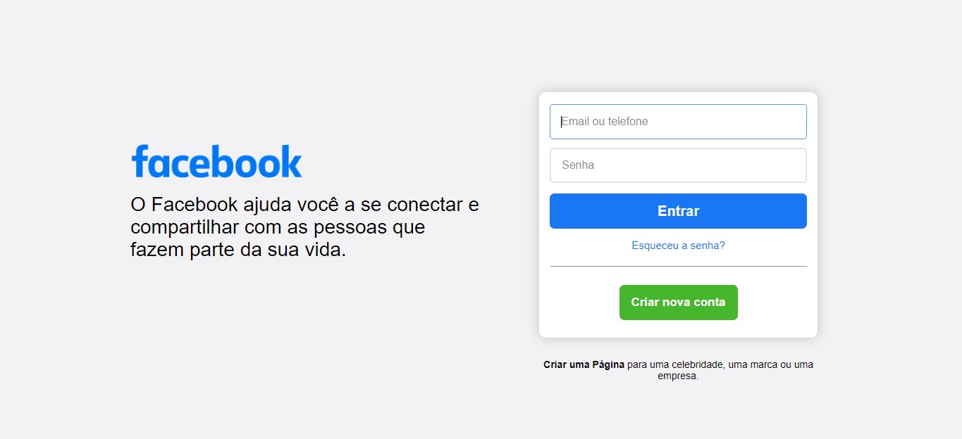 tela login facebook